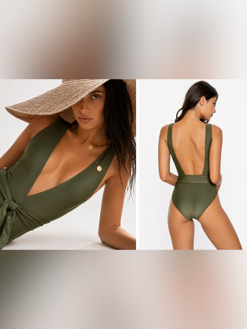 Anthropologie PQ Luxury One Piece Sierra Swimsuit Moss Green Deep V Neck Large
